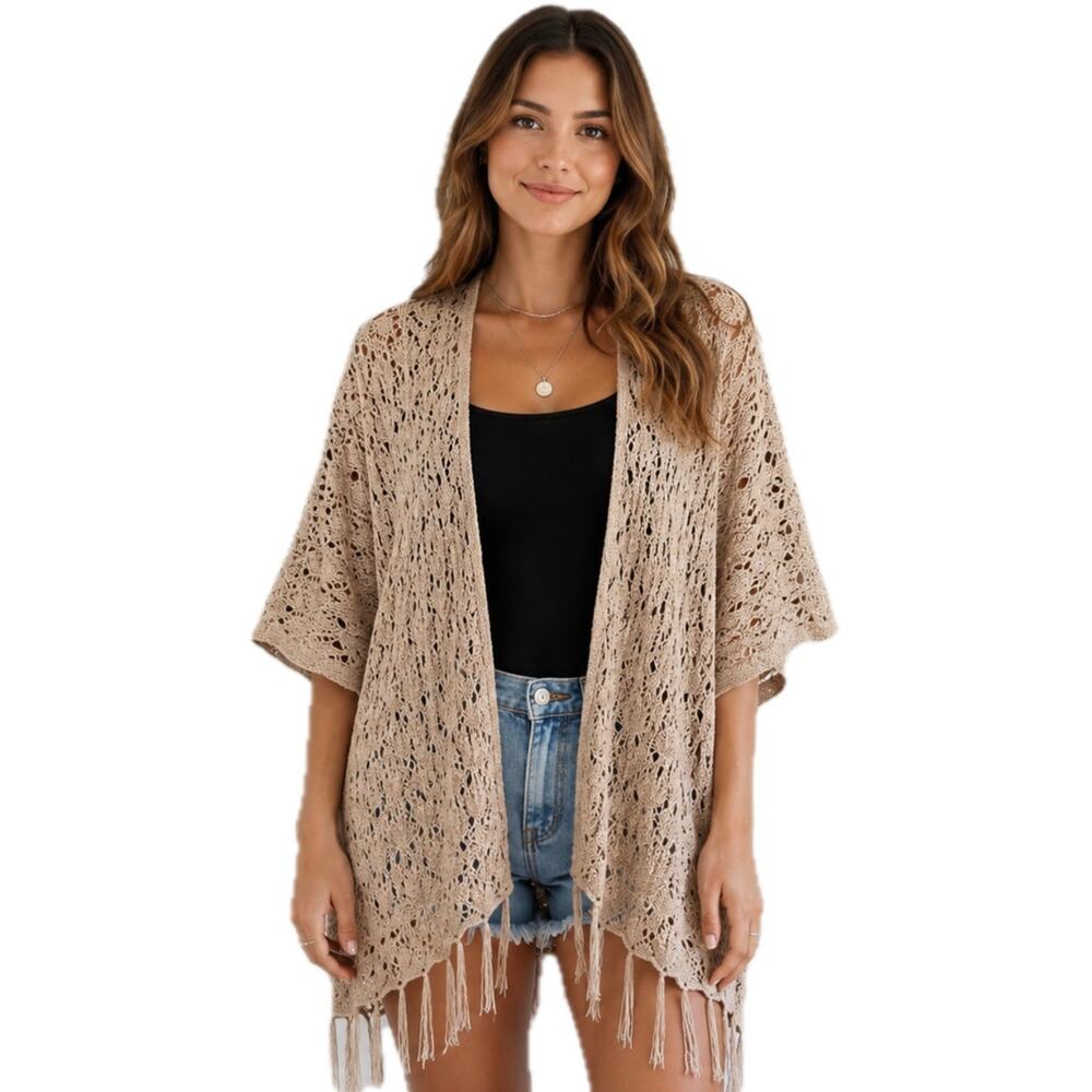 Festival Boho Hippie Crochet Fringe Kimono Cardigan Beach Cover Up Tan Small Top